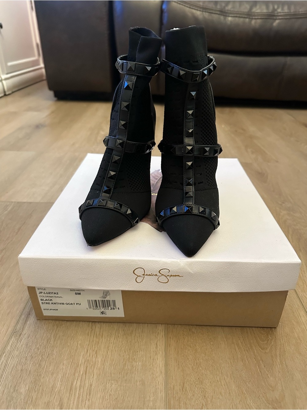 Jessica Simpson Black Studded T-Strap Pointed Toe Ankle Booties
